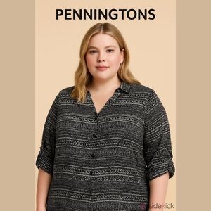 PENNINGTON Aztec Black print Button Front Blouse Tab Slv Sz X4